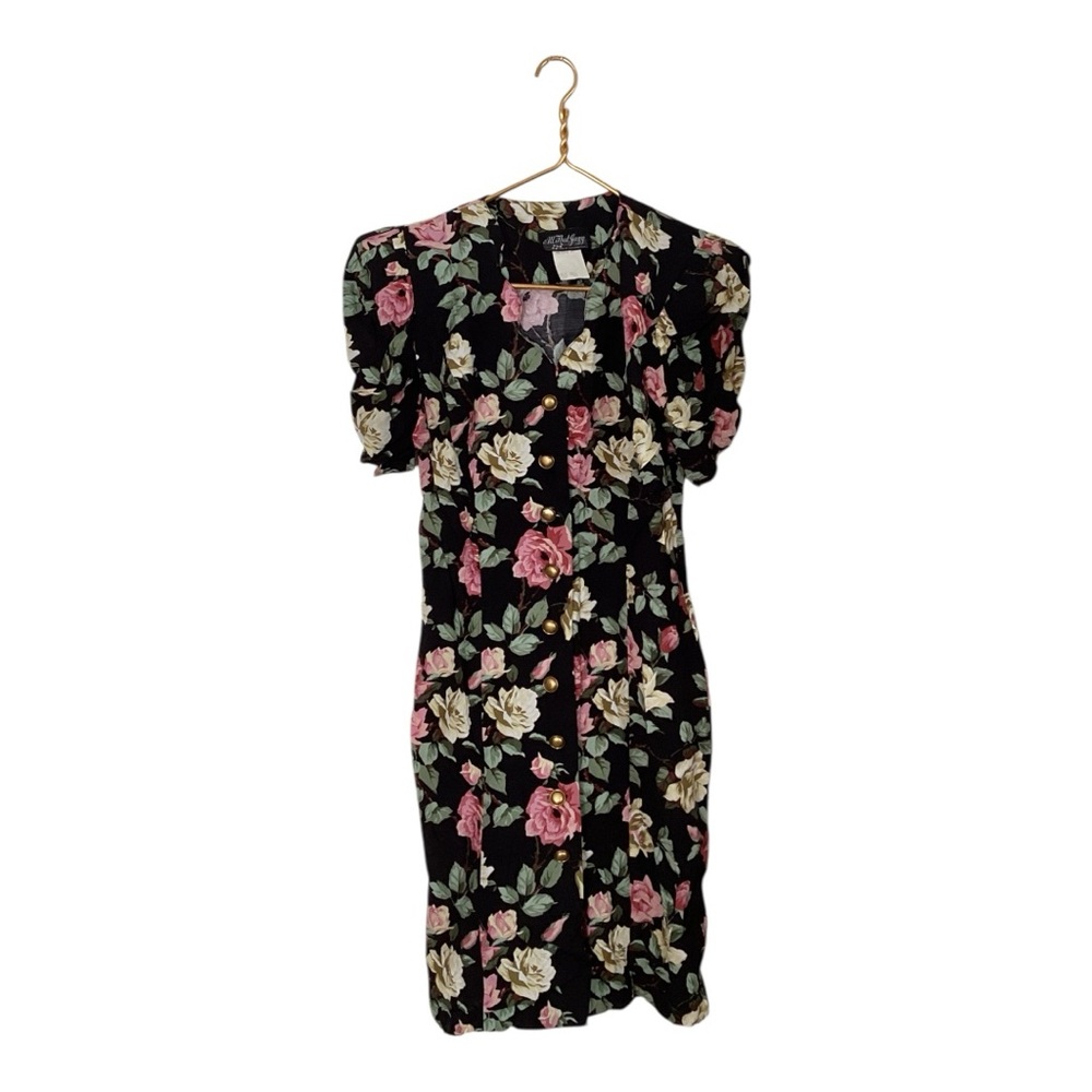VTG 90s All That Jazz Vintage Black Floral Print Cottage Gold Button Dress 5/6 M